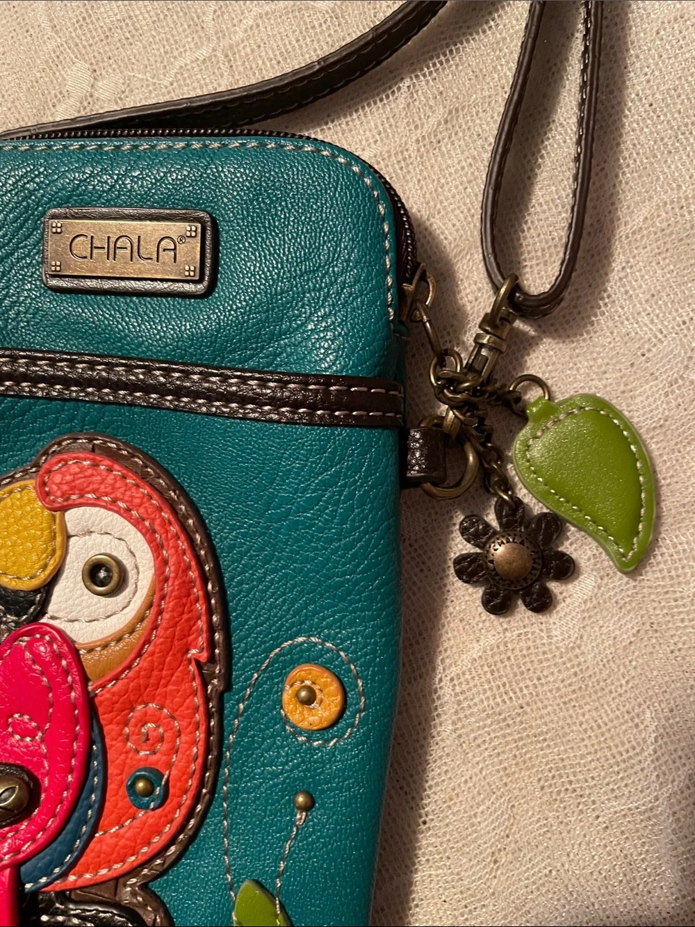 Chala Teal Crossbody Phone Pouch with Colorful Parrot Applique - Picture 3 of 6